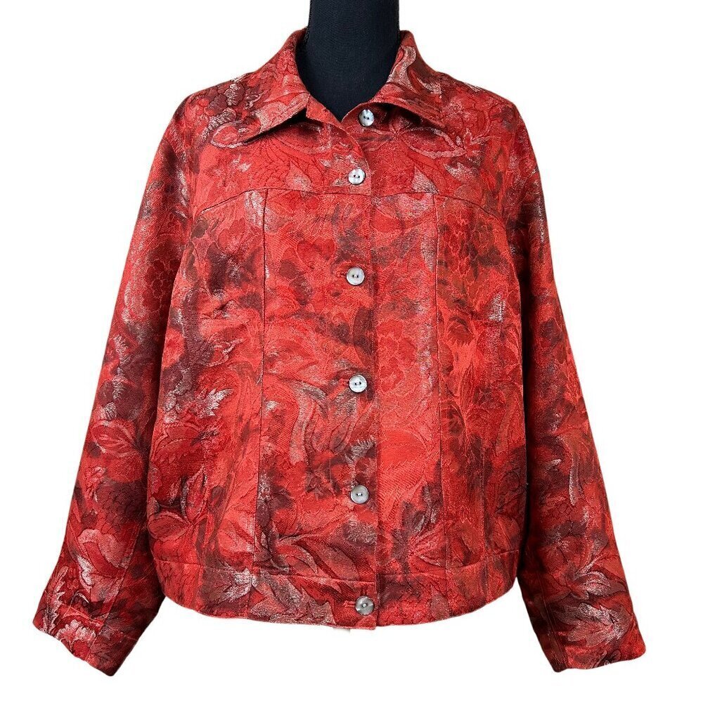 Chico's Red Metallic Silk Blend Button-Up Jacket Plus Size XL 16